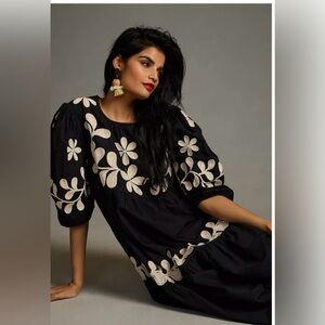 By Anthropologie Embroidered Puff-Sleeve Midi Dress